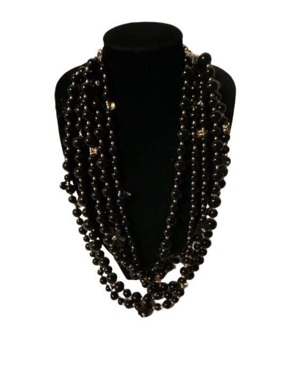 Talbots Multi Strand Black Beaded Statement Necklace Gold Tone Bib